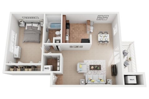Floor plan for 1 bed, 1 bath, 689 sqft